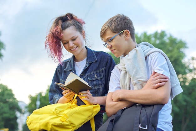 Retrato ao ar livre de dois estudantes falantes de adolescentes