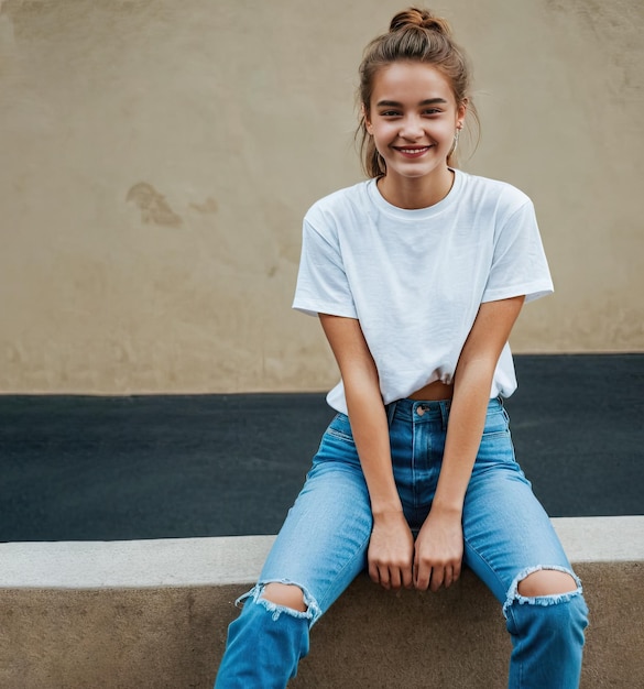 Foto retrato ao ar livre de uma adolescente feliz