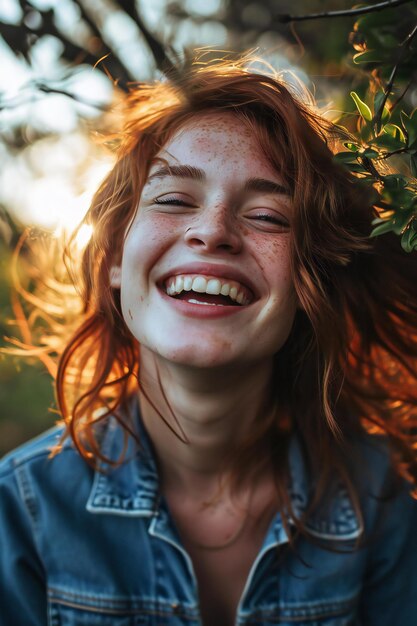 Retrato ao ar livre de uma jovem sorridente com sardas e cabelo vermelho