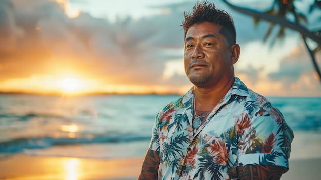 Foto retrato ao pôr-do-sol de um homem de meia-idade das ilhas do pacífico com uma camisa floral para temas de aventura tropical