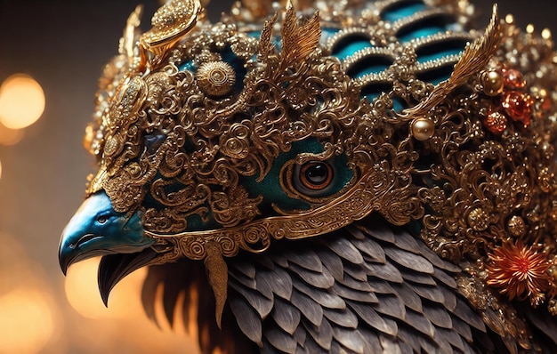 retrato aproximado com uma coroa feita de ouro bela máscara kitsune de corvo japonês intrincadamente detalhada