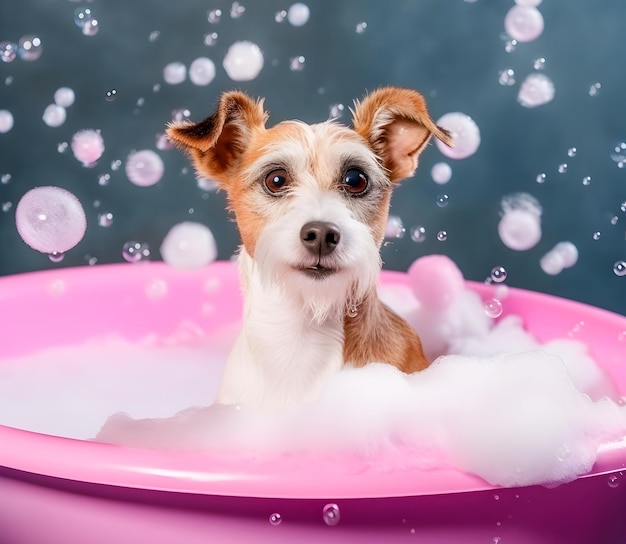 Retrato aproximado de cachorro fofo no banheiro com xampu em uma toalha Cuidando e cuidando do cachorro