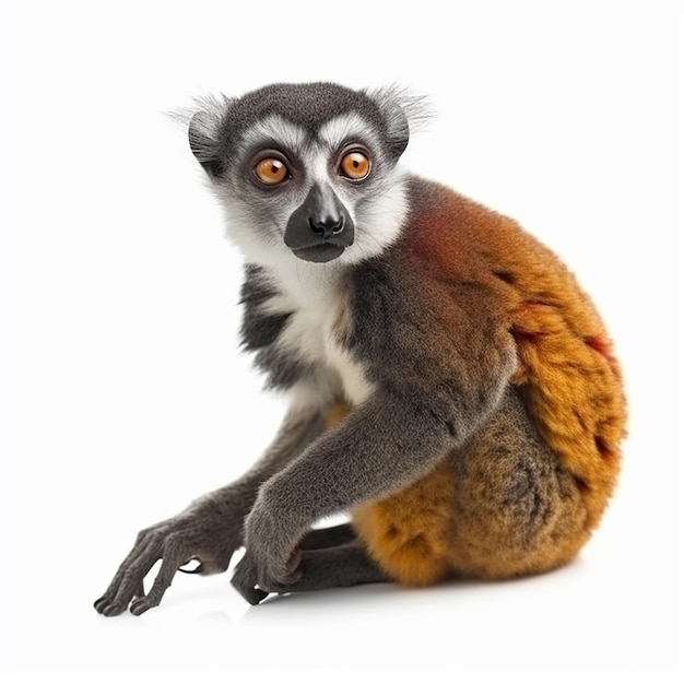 Retrato aproximado de lêmure sobre fundo branco, macaco fofo, animal de Madagascar