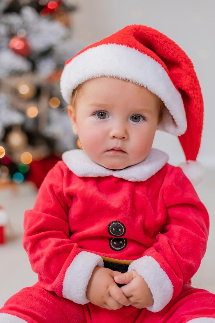 Foto retrato aproximado de um bebê em uma fantasia de papai noel inverno conceito de estilo de vida de ano novo