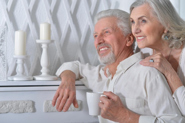 Retrato aproximado de um casal sênior feliz em casa