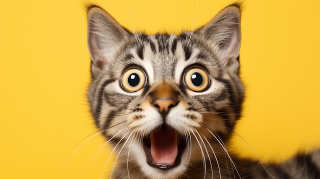 Retrato aproximado de um gatinho listrado em um fundo amarelo