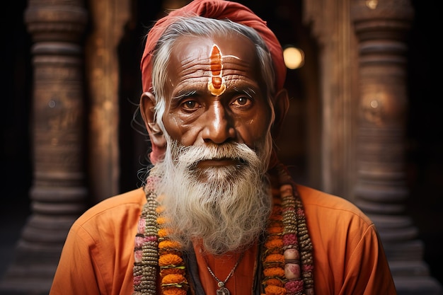 Retrato aproximado de um homem indiano mais velho e sério Um homem mais velho em um vestido tradicional hindu e joias olhando para a câmera