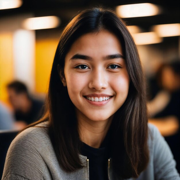 retrato aproximado de um jovem adolescente feliz no escritório de trabalho com IA generativa