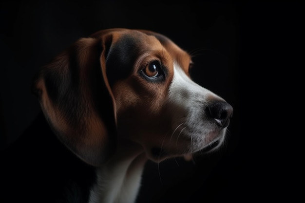 Retrato aproximado de um lindo cachorrinho beagle isolado em um fundo escuro