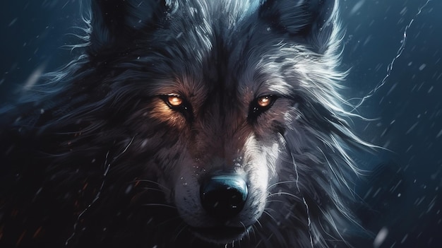 Retrato aproximado de um lobo na chuva pintura digital generativa ai