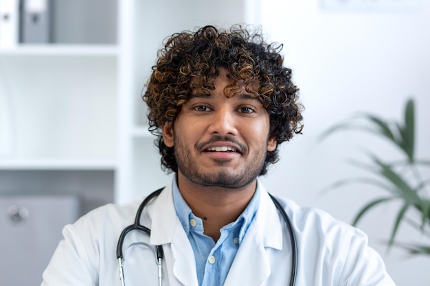 Retrato aproximado de um médico hispânico sorridente e bem-sucedido sorrindo e olhando para o documento da câmera trabalhando