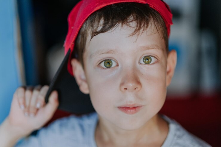 Foto retrato aproximado de um menino de olhos grandes em um boné com olhos verdes como uma criança sem-teto e um valentão