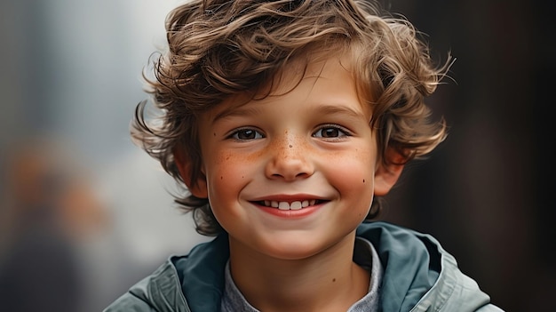 Retrato aproximado de um menino feliz com cabelos cacheados