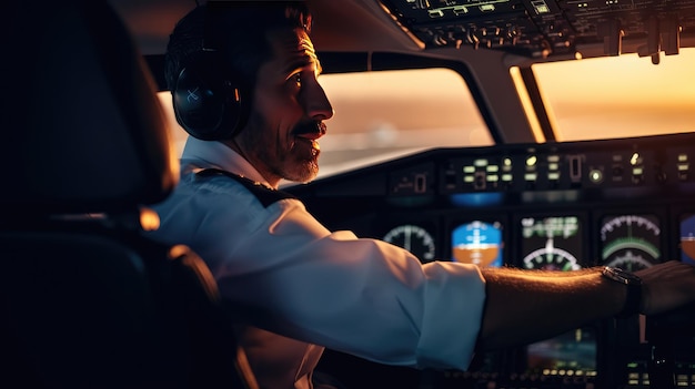 Foto retrato aproximado de um piloto na cabine de um avião