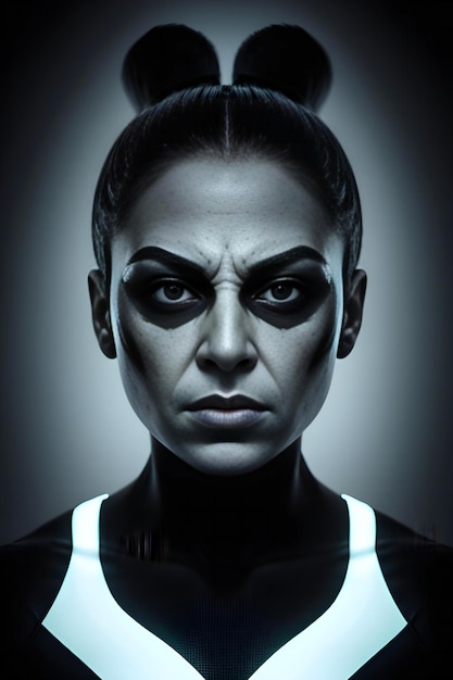 Retrato aproximado de um robô feminino contra um fundo escuro