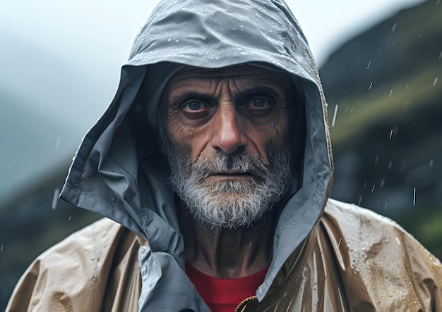 Retrato aproximado de um velho barbudo vestindo um confortável blusão com capuz sob a chuva