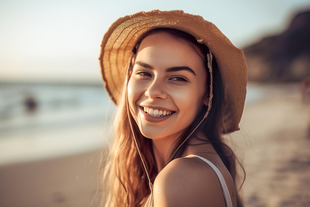 Retrato aproximado de uma bela jovem rindo na praia Generative AI