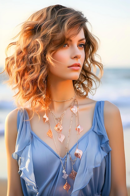 Retrato aproximado de uma menina loira muito sorridente, com cabelos longos e olhos azuis, posando na praia rochosa