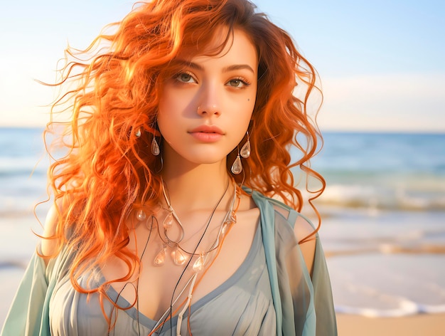 Retrato aproximado de uma menina loira muito sorridente, com cabelos longos e olhos azuis, posando na praia rochosa