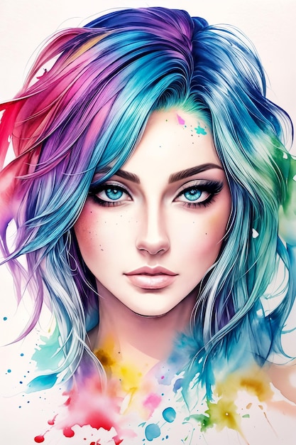 Retrato aproximado de uma mulher bonita com cabelo comprido Impressão de desenho em aquarela Designer criativo digital desenho de arte de moda ilustração IA