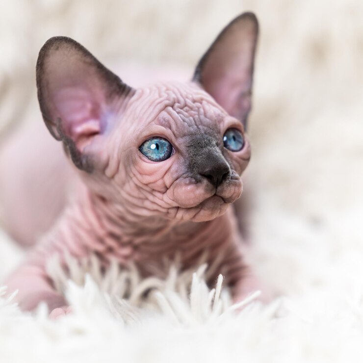 Retrato aproximado do gatinho canadense sphynx cat com grandes olhos azuis deitado no tapete de fundo branco w