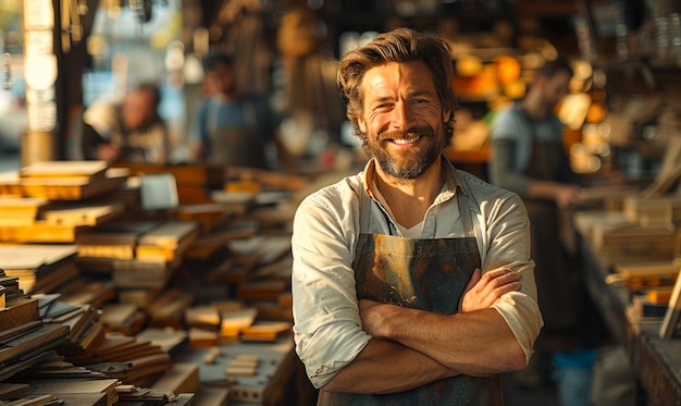 Retrato de un apuesto carpintero de pie con los brazos cruzados en su taller y sonriendo a la cámara
