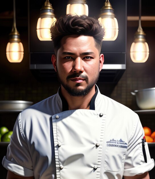 Foto retrato de un apuesto chef profesional mientras trabaja en la cocina de un restaurante ai generativa