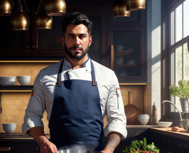 Retrato de un apuesto chef profesional mientras trabaja en la cocina de un restaurante AI generativa