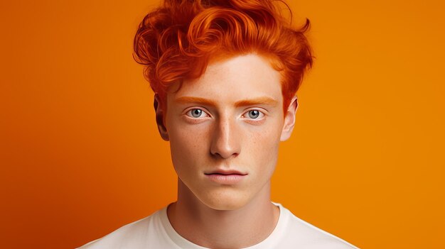 Foto retrato de un apuesto, elegante y sexy hombre caucásico con piel perfecta y cabello rojo en un fondo naranja.