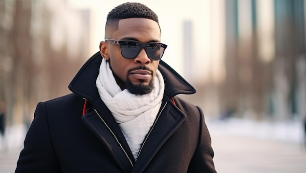 Retrato de un apuesto hombre afroamericano con un abrigo y gafas de sol