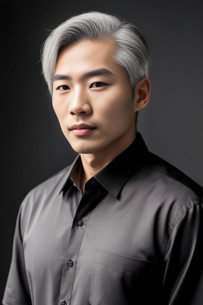 Retrato de un apuesto hombre japonés de cabello blanco con una camisa negra sobre un fondo gris