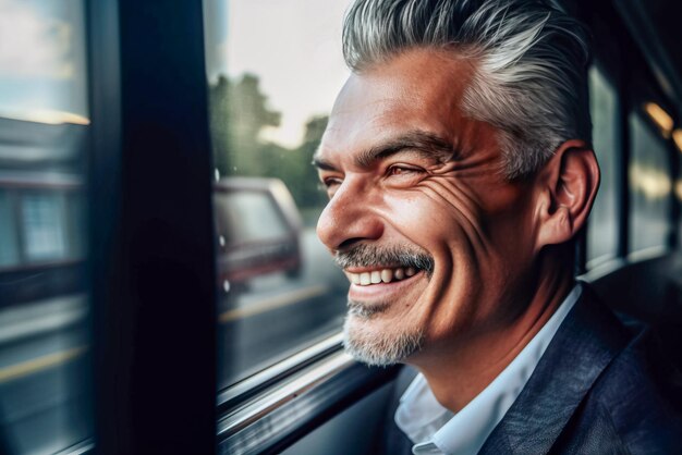 Retrato de un apuesto hombre de negocios de mediana edad sonriendo y mirando hacia otro lado en el autobús IA generativa