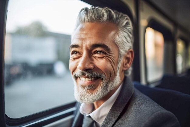 Retrato de un apuesto hombre de negocios de mediana edad sonriendo y mirando hacia otro lado en el autobús IA generativa