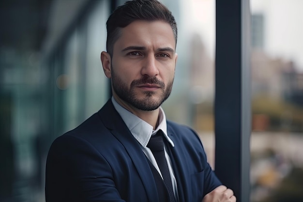 Retrato de apuesto hombre de negocios en traje mirando a la cámara mientras está de pie en la oficina IA generativa