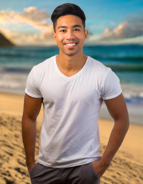 Foto retrato de un apuesto joven asiático de pie en la playa