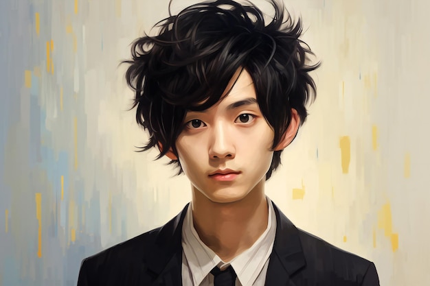Retrato de un apuesto joven asiático con traje negro