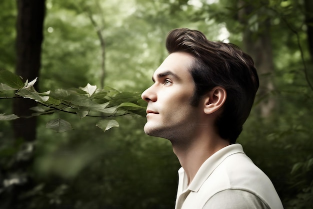 Retrato de un apuesto joven en el bosque Moda de belleza masculina
