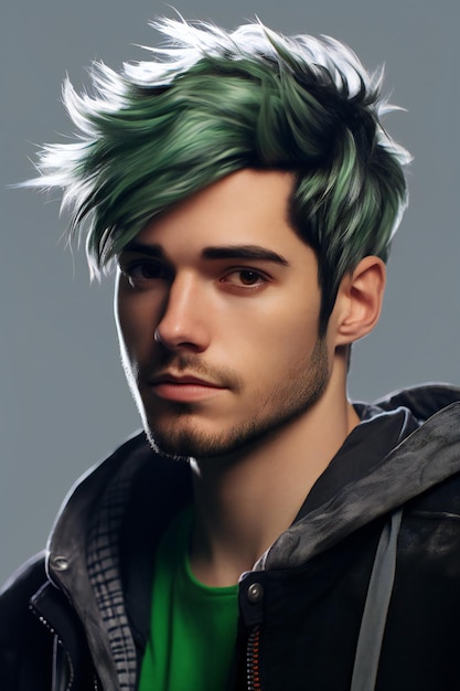 Retrato de un apuesto joven con cabello verde Moda de belleza masculina