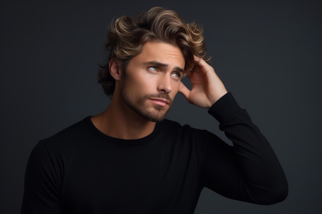 Foto retrato de un apuesto joven en camisa sobre un fondo gris