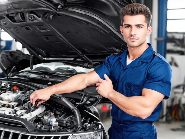 Retrato de un apuesto joven mecánico en uniforme que trabaja en un taller de reparación de automóviles