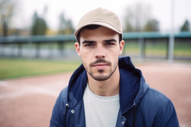 Retrato de un apuesto joven parado en un campo de béisbol creado con IA generativa