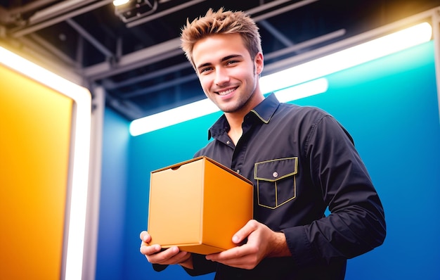 Retrato de un apuesto joven sosteniendo una caja y mirando a la cámara