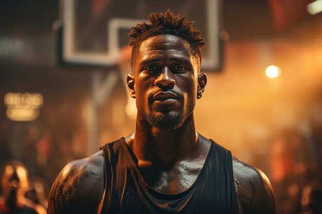 Retrato de un apuesto jugador de baloncesto sudoroso durante el juego. Colocar a un joven atleta en ropa deportiva.