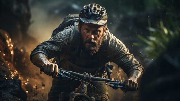 Foto retrato de un apuesto motociclista en un bosque oscuro