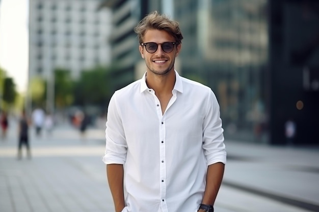 Retrato de un apuesto y sonriente hipster, un cordero, un modelo sexual, un hombre moderno vestido con una camisa blanca.