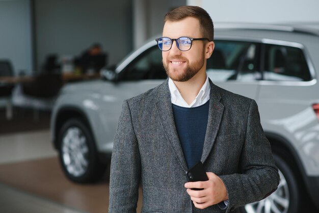 Retrato de un apuesto vendedor en el traje de pie cerca del coche en la sala de exposición