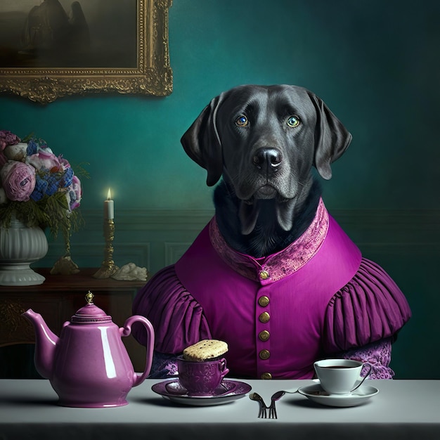 Retrato aristócrata del siglo XIX de un labrador negro antropomórfico con ropa magenta.