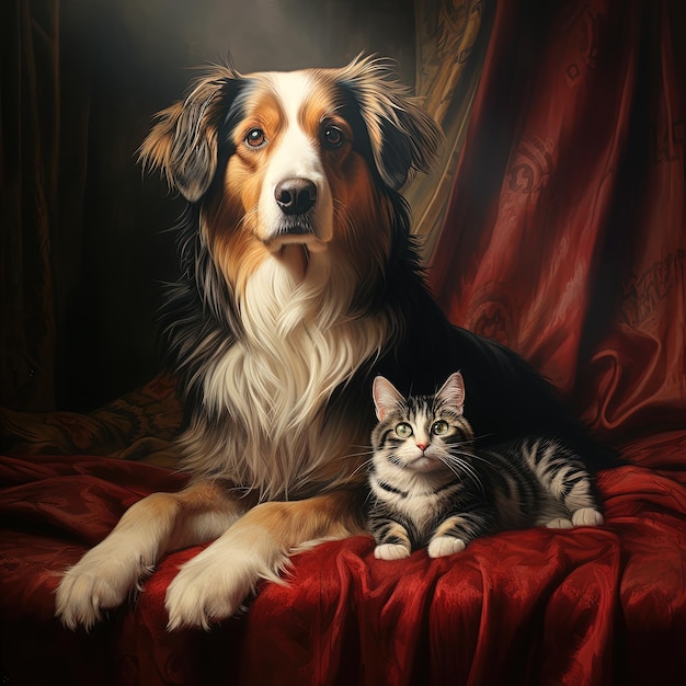 Retrato aristocrático de cães e gatos em fundo vermelho