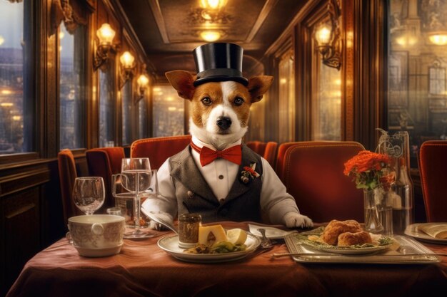 Retrato aristocrático de jack russell durante una cena en un restaurante creado con tecnología de IA generativa