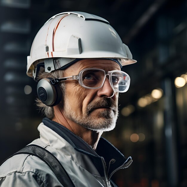 Retrato de arquitecto maduro con casco de pie en una planta industrial